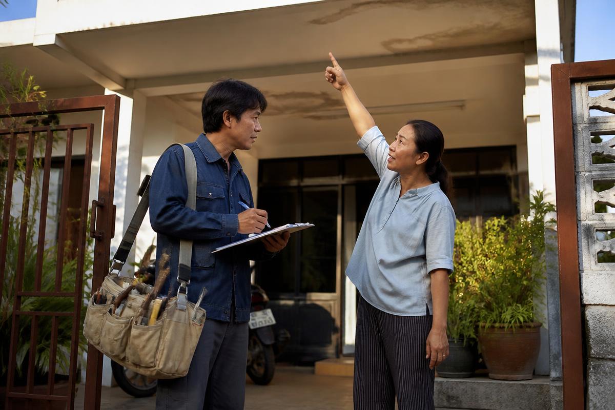 ช่างสำรวจพื้นและผนังที่จะปูกระเบื้องร่วมกับเจ้าของบ้านก่อนเริ่มงาน
